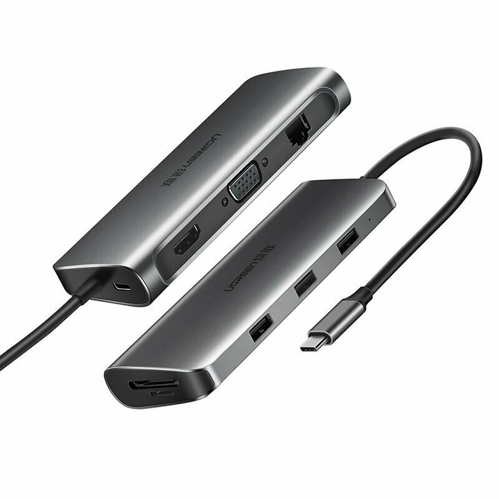 Хъб USB Type-C, 3xUSB A, VGA/HDMI/RJ45/USB-C/жак 3.5mm, 100W, 1000Mbps, 123x52x19mm, 4K@30Hz, 1080p@60Hz, ABS, черен