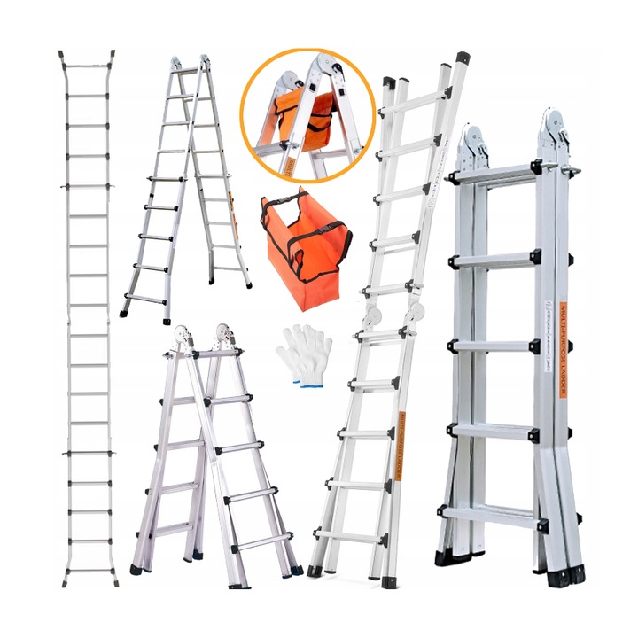 Scara telescopica multifunctionala Hooha, 5M, capacitate 150kg, set complet accesorii, gri argintiu