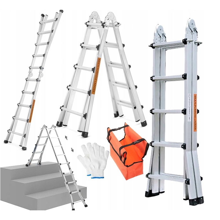 Scara telescopica multifunctionala Hooha, 5M, capacitate 150kg, set complet accesorii, gri argintiu