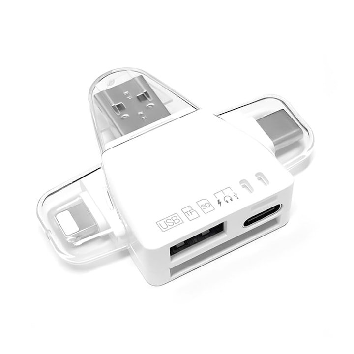 Четец на карти с адаптер 7 в 1 AdyMel®, Multi Card Reader, съвместим с Apple, Samsung, Huawei, Xiaomi, USB 3.0, Lighting, Type-C, Micro SD и SD четец на карти, много бърз трансфер на данни, бял