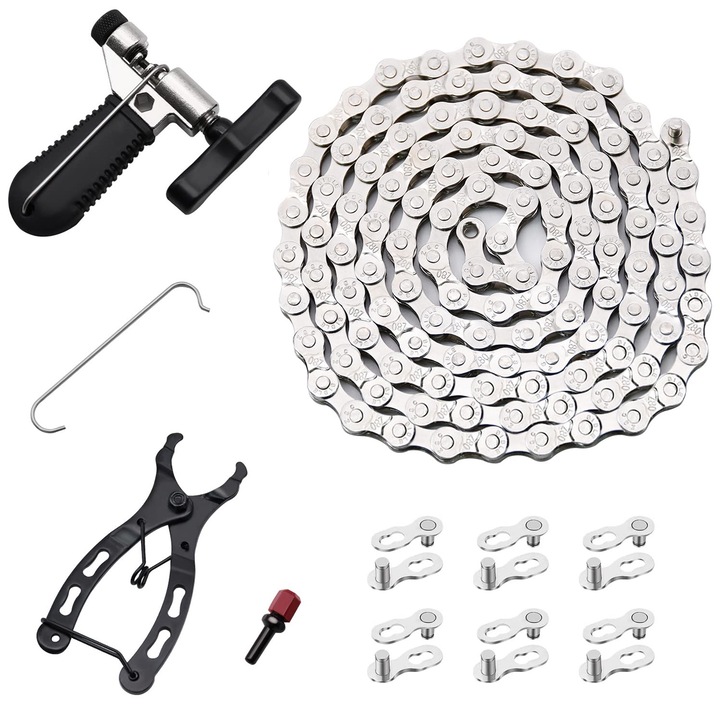 Комплект вериги за велосипеди, Hggzeg, 6/7/8 скорости, 116 звена, с конектори, верижни клещи, цепи за вериги, лесен за инсталиране, неплъзгащ се, устойчив на износване, против ръжда, метален, сребрист/черен