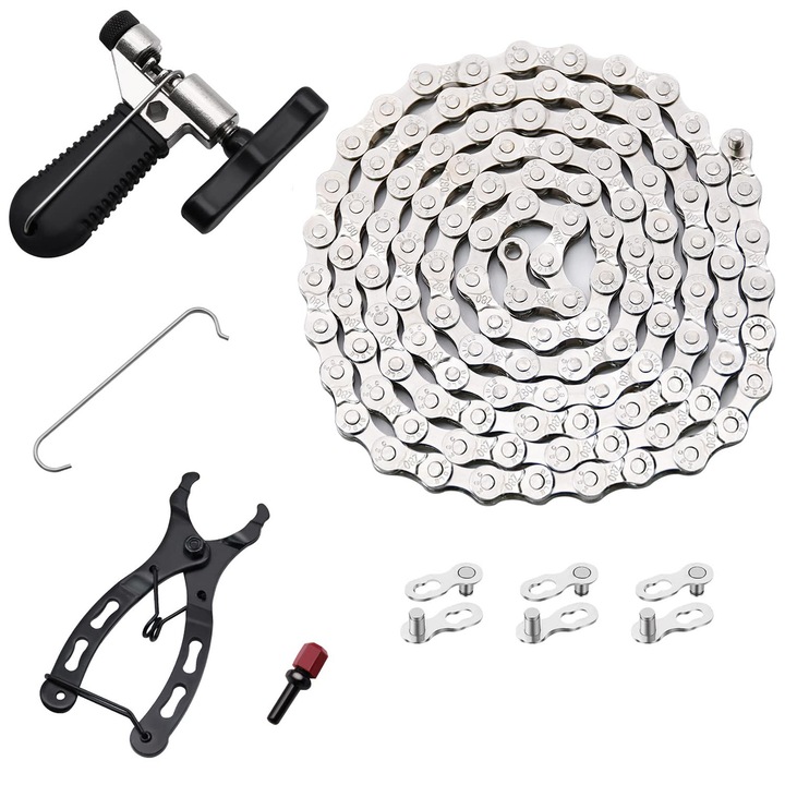 Set Lant De Bicicleta, Hggzeg, 6/7/8 Viteze, 116 zale, Cu conectoare, cleste lant, despartitor de lant, Usor de instalat, Anti-alunecare, Rezistent la uzura, Antirugina, Metal, Argintiu/Negru