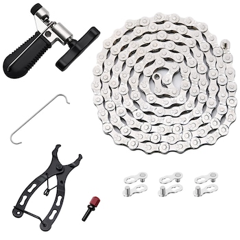 Set Lant De Bicicleta, Hggzeg, 6/7/8 Viteze, 116 zale, Cu conectoare, cleste lant, despartitor de lant, Usor de instalat, Anti-alunecare, Rezistent la uzura, Antirugina, Metal, Argintiu/Negru