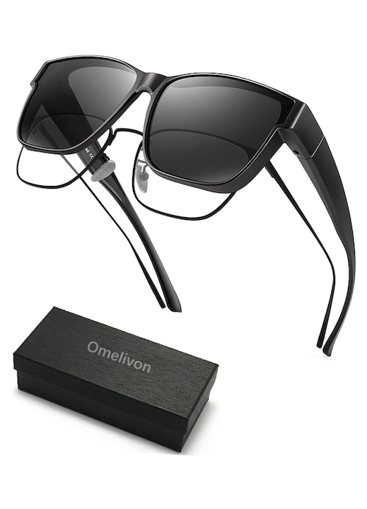 Ochelari de soare, Omelivon®, se potrivesc peste ochelari de vedere, unisex, Protectie UV 400, plastic, marime universala, cu Carcasa Antisoc, Negru