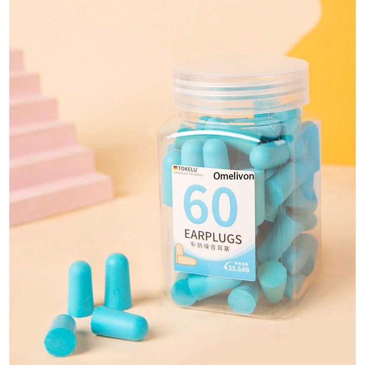 Set de 60 dopuri de urechi din burete, 2 cutii de depozitare, 35.5 dB, pentru somn, calatorii, concerte, studiu, munca, Albastru