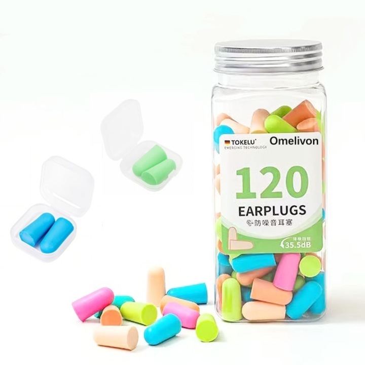 Set de 120 dopuri de urechi din burete, 2 cutii de depozitare, Omelivon®,35.5 dB, utilizate pentru somn, calatorii, concerte, studiu, munca, Multicolor
