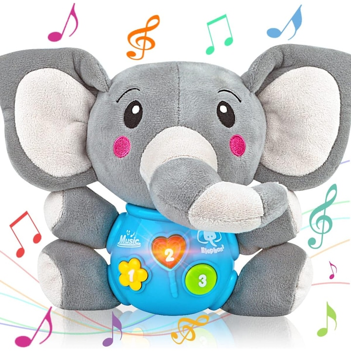 Бебешка играчка, Simply Joy, Plus Elephant, със звуци и светлини, за момичета и момчета, Бебета 6 месеца, 9 месеца, 12 месеца, 1 година, 2 години, сиво