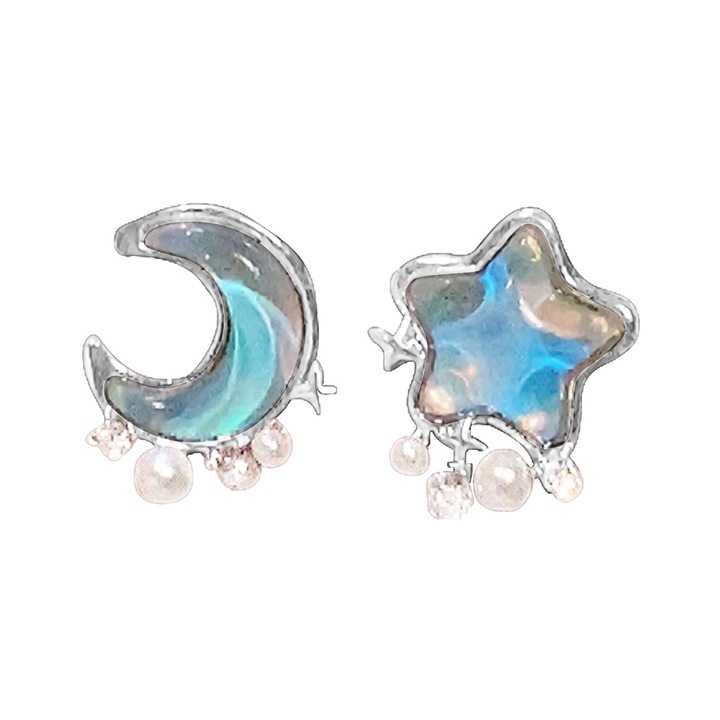 Cercei cu perle albastre asimetrice cu stea si luna, placati aur alb, 1.2cm