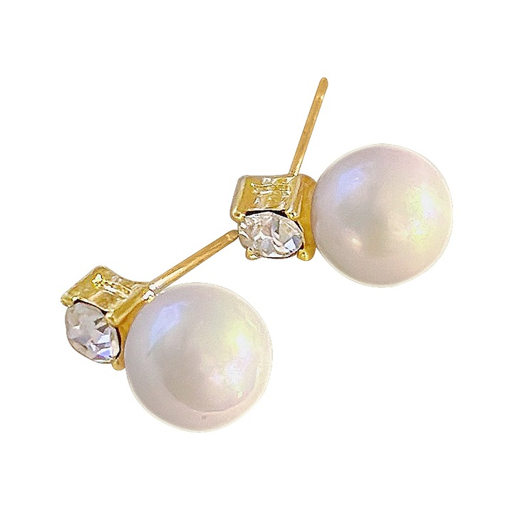 Обеци с перли и имитация на диаманти, Винтидж, Френски стил, Покритие от бяло злато, Бял, Диаметър на перлата 1 см + 0,5 см