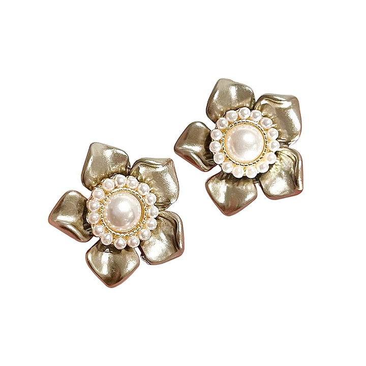 Обеци с цвете камелия, Ретро, Френски стил, 2 см