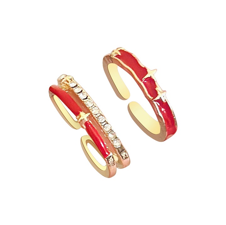 Комплект пръстени, Със звезди, Позлатени, Отворени, Регулируеми, Европейски размер 52, Червен