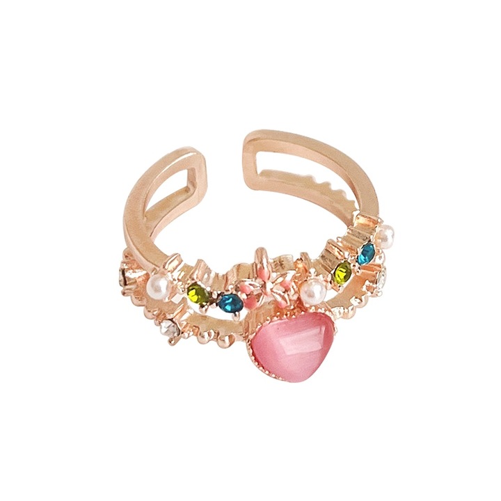 Inel deschis ochi de pisica Double Love, roz, Inel marimea europeana 54 (inel deschis, marime reglabila)