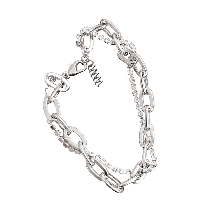 Двупластова гривна, Леки камъни, Цвят платина, Размер 18 см + 5 см