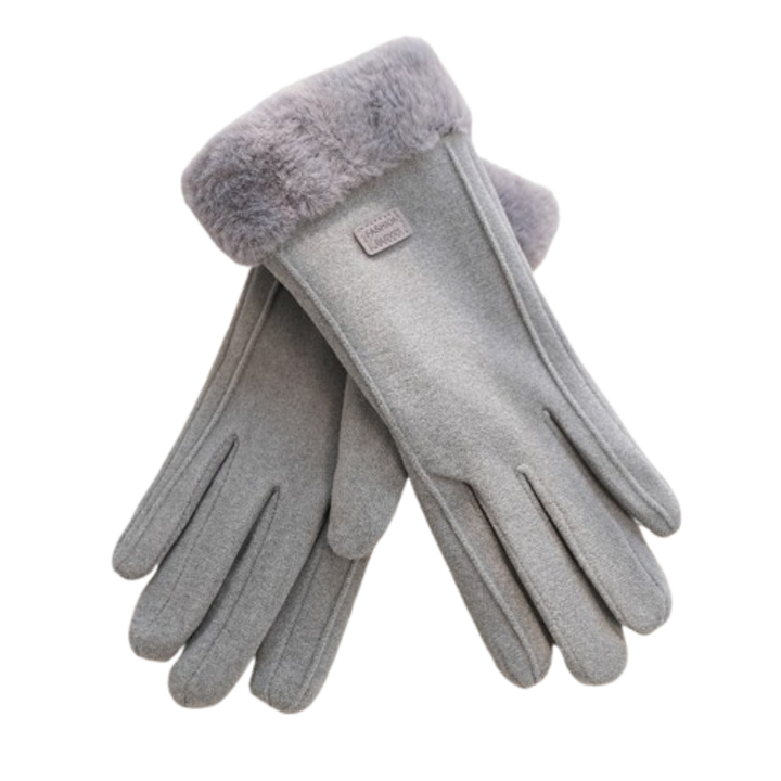 Téli női kesztyű, szürke, DE bársony anyagú, hideg elleni védelem, érintőképernyős funkcióval, méretei 24x10cm