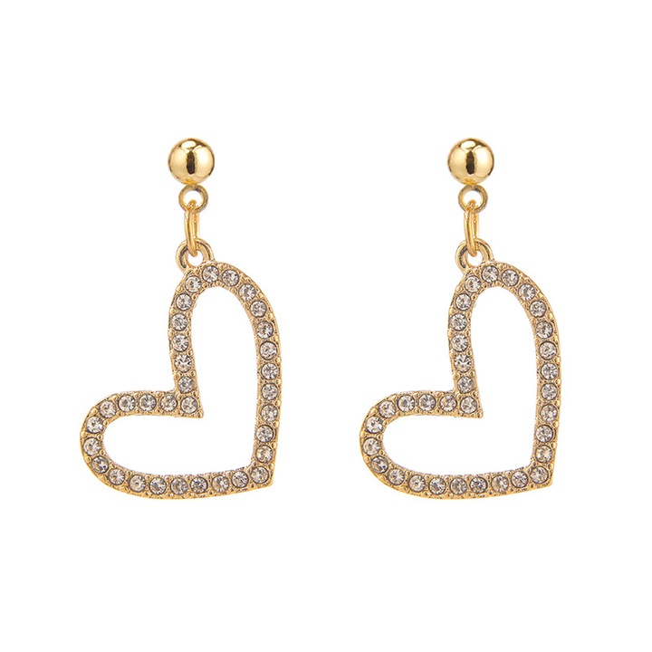 Обеци във формата на сърце, Имитация на диаманти, Сребърна закопчалка S925, Позлатени, 2,2 см