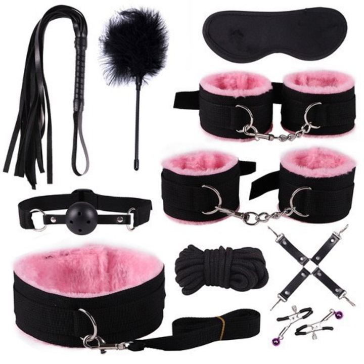 Set bondage 11 piese EJANBO, cadouri de Valentine's Day, roz/negru