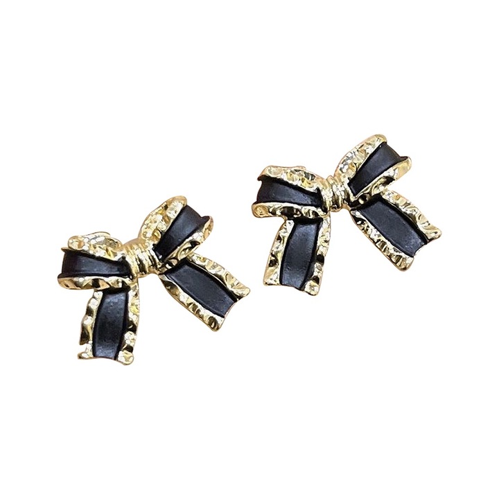 Обеци с форма на панделка, Френски стил, Позлатени, Черен, 1,5 см