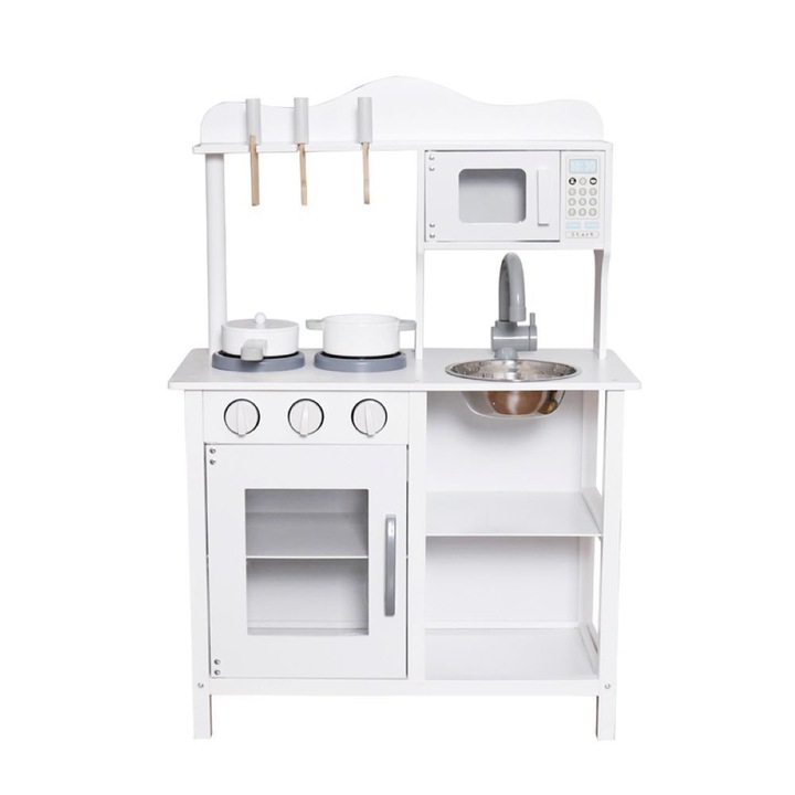 Детска кухня от дърво и МДФ, PROCART, микровълнова печка, мивка, рафтове, прибори за готвене, 60x30x85 см, бяла