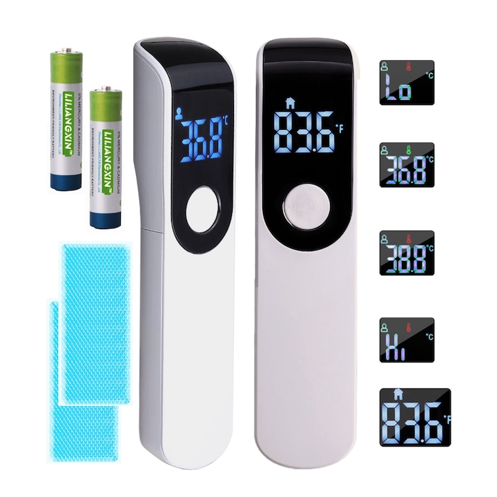 Детски термометър, инфрачервен термометър, висока прецизност, медицинско ниво, за домашна употреба, безконтактен, LED дисплей, звукова аларма, мултифункционален и преносим, включва 2 охлаждащи лепенки с хидрогелове, 2 батерии, бял