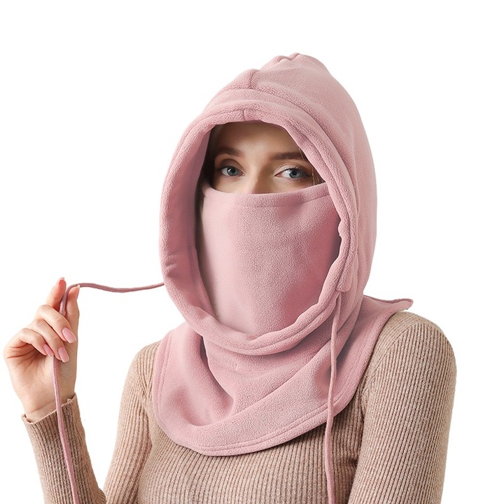 Caciula sport unisex, design cu masca, captuseala dubla, culoare solida, pentru iarna, poliester, Roz