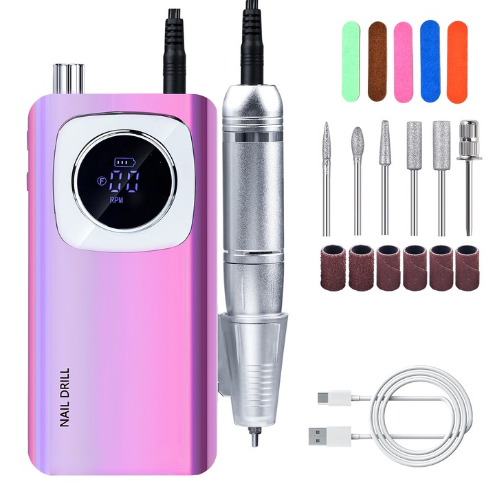 Електрическа пила за нокти BYONDSELF, преносима, 45000 RPM, маникюр, полиране, 2000 mAh, LED дисплей, посока на въртене/остатъчна мощност/скорост, с пила за нокти, лилав