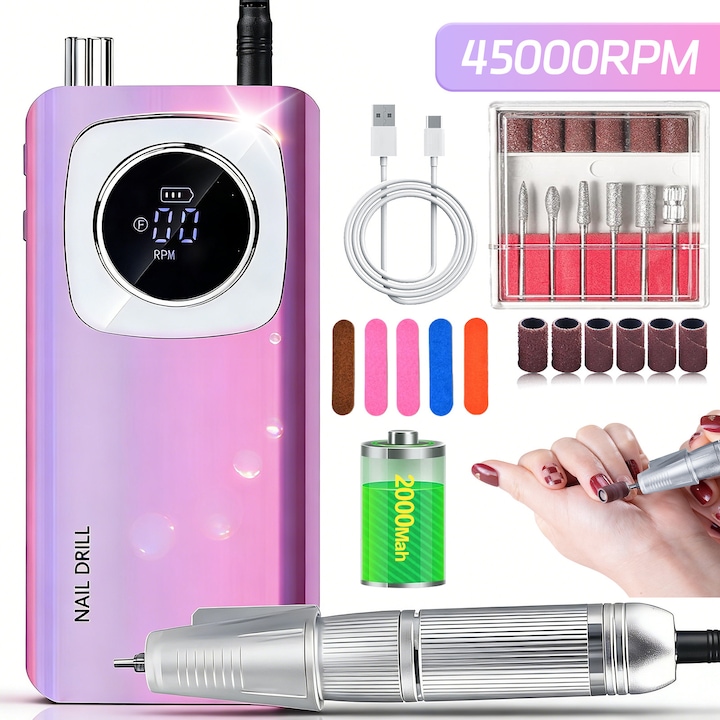 Freza Unghii Profesionala, BYONDSELF®, Portabil, 45000RPM, Manichiura, Slefuire, Lustruire, 2000mAh, Display LED Directia de rotatie/Puterea ramasa/Viteza, Cu Pila de Unghii, Mov