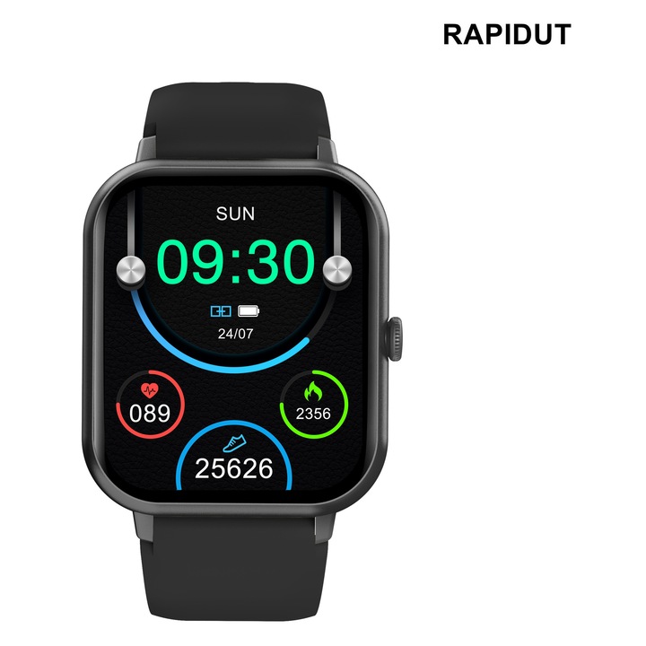 Ceas Sport, Smartwatch, RAPIDUT®, Unisex, Curea silicon, Conectare Bluetooth, Monitorizare somn, Ritm cardiac, Oxigen din sange, Tensiune arteriala, Muzica, Notificare mesaje, apeluri, Voce inteligenta, Impermeabil, 48mm, 230 mAh, Negru