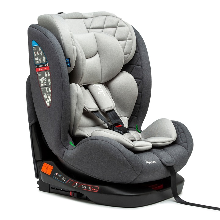 Столче за кола за бебета и деца Juju Total 360 i-Size, 40-150 см, 0-12 години, ISOFIX с Top Tether, въртящо се на 360 градуса, позиция за сън, регулируема облегалка в 4 позиции, регулируема облегалка за глава, сваляща се и переща се калъфка, сив