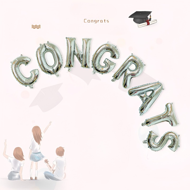 Eredeti - Fólia Lufi Szett, Southern Sky, Congrats Modell, 40 cm-es Betűk, Ballagási Lufik, Egyedi Csomagolás, Szívószál mellékelve, Levegővel vagy Héliummal Fújható, Ezüst