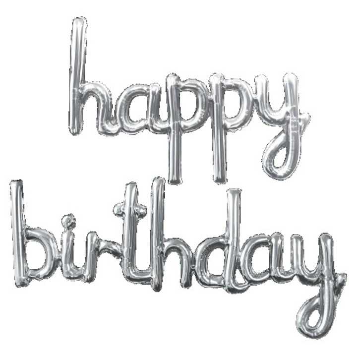 Комплект балони от метално фолио, Flippy, модел Happy Birthday, 45x85 см, 45x124 см, парти балони, индивидуална опаковка, включена сламка, надуване с въздух или хелий, сребрист