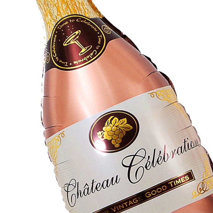 Set 9 Baloane din Folie Metalizata si din Latex, Southern Sky, Model Sticla de Sampanie, Baloane Party, Bat si Adeziv Incluse, Umflare cu Aer sau Heliu, Roz Alb