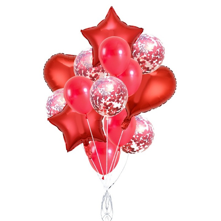 Комплект от 14 балона от метално фолио и латекс, фигурки Flippy, звезди и сърца 45 см, латексови балони 30 см, тема букет, индивидуална опаковка, включена сламка, надуване с въздух или хелий, червени