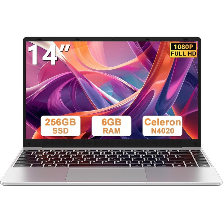 Лаптоп 14" Win 11 Notebook 256 GB ROM Поддържа 1TB SSD разширение WiFi 1080 FHD BT4.2 Mini HDMI с безжична мишка и румънски стикери за клавиатура - Сребрист
