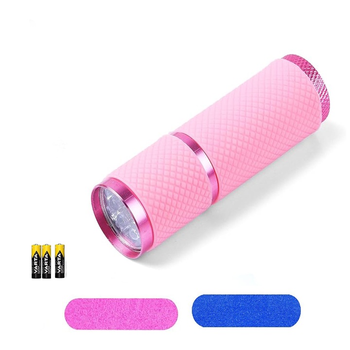 UV lámpa / LED Nail zseblámpa, SINBINTA, 2 körömlappal és elemmel, Kompakt és könnyű, Zsebbe, autóba, asztalfiókba és hátizsákba helyezhető, Rózsaszín