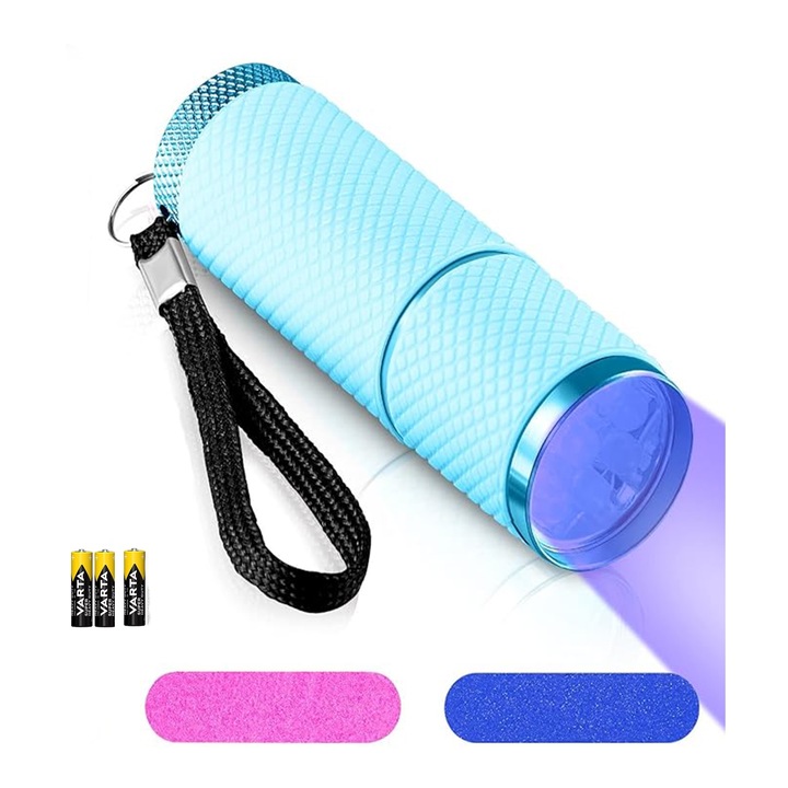 UV lámpa / LED Nail zseblámpa, SINBINTA, 2 köröm pengével és elemmel, Kompakt és könnyű, Zsebbe, autóba, asztalfiókba és hátizsákba helyezhető, Kék