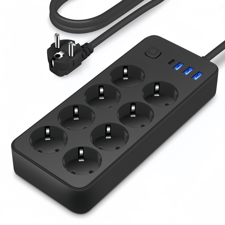 Интелигентен удължителен кабел, MOSMAOO®, 8 гнезда, 3 USB порта, 1 USB-C порт, бутон ON/OFF, HighPower, защита срещу пренапрежение, 1,2 м, черен