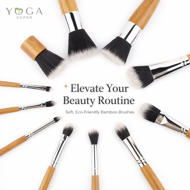 Set 11 Pensule Machiaj YogaSuper – Maner din lemn, Fire sintetice vegane, versatil & ergonomic