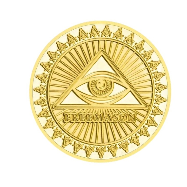 Moneda metalica Golden Freemason pentru colectie, diametru 40 mm, grosime 3 mm, carcasa de protectie inclusa, exterior auriu