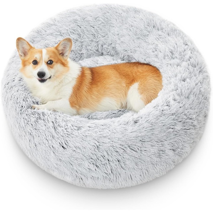 CozyHome kisállat ágy, fánk alakú, puha plusz anyagú, csúszásmentes, 80 cm, világosszürke
