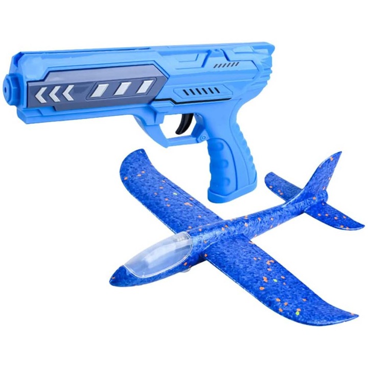 Pistol Interactiv de Jucarie Lansator de Avion, Durabil si Rezistent la Impact, albastru, 21 cm, Dalimag