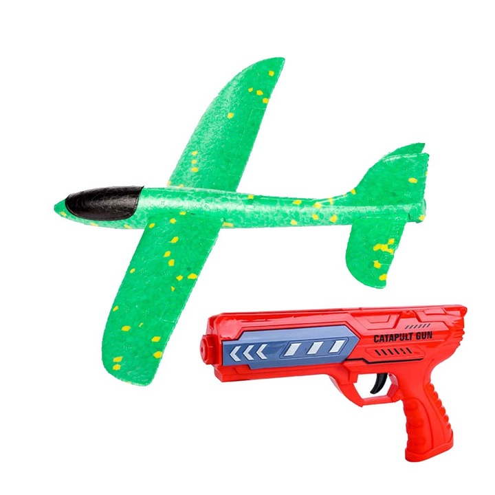 Pistol Interactiv De Jucarie Lansator De Avion Din Spuma, 35 Cm, Durabil Si Rezistent La Impact, Verde, Dalimag