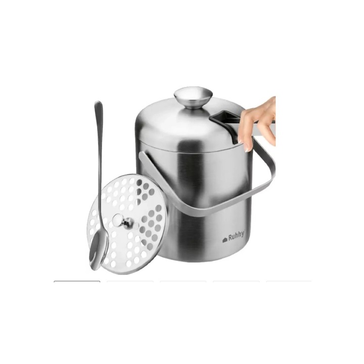 Контейнер за кубчета лед, двойна стена, лъжица, щипка и цедка, неръждаема стомана, 1.3 L, 20 x 14.5 cm