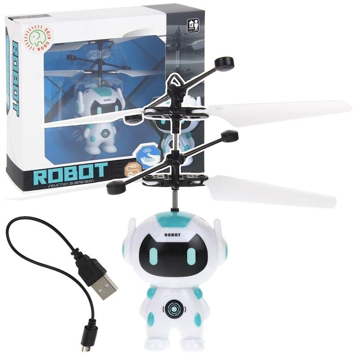 Robot zburator Nobo Kids, control prin gesturi, alb, 16x16x13cm, set cu incarcator USB