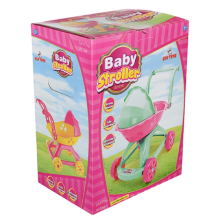 Carucior de jucarie pentru papusi, CLK Toys, culoare roz cu verde