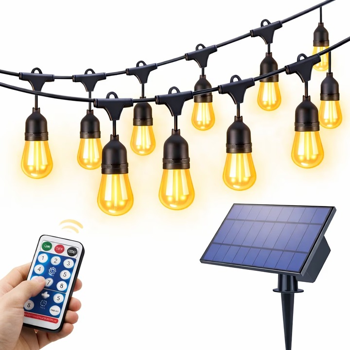 Ghirlanda Luminoasa cu Panou Solar, de 30m cu 30 becuri cu lumina calda, cu Telecomanda, E27, IP65
