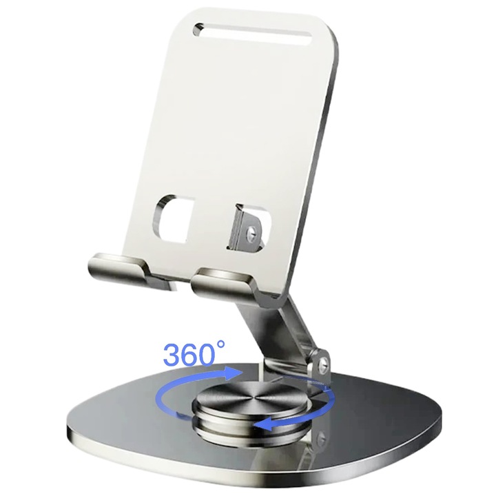 Поставка за телефон/таблет, алуминиева сплав, ротация на 360 градуса, регулируем ъгъл, напълно сгъваема/преносима, сива