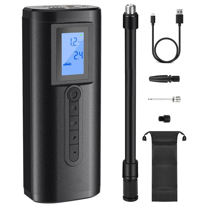 Pompa Aer Multifunctionala Electrica Inteligenta, Accesorii si Cablu USB incluse, Oprire automata, Umflare rapida, Utilizare pentru Anvelopa Masina, Motocicleta, Bicicleta, Minge, Saltea, Negru