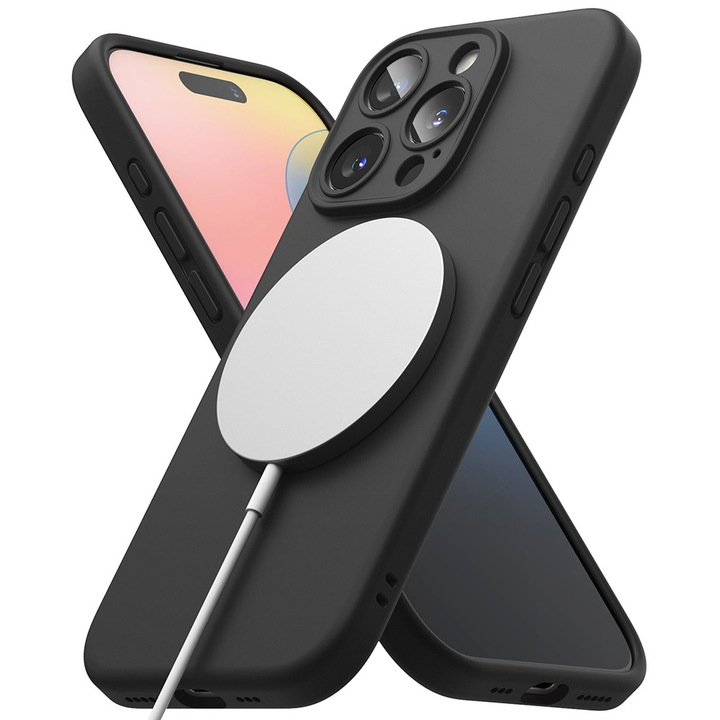 Husa Smooth Silicone MagSafe cu Microfibra pentru Apple iPhone 16 Pro, Ultra Thin, Incarcare Wireless, High Quality Soft Material, Premium Fiber Lining, Unique Stylish Minimalist Design, Drop Protection, Negru