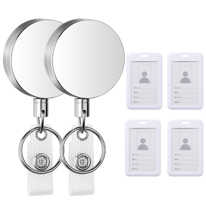 Комплект от 2 щипки за ролки с прибиращ се кабел, Axroad Mall, С 4 вертикални държача за значки, С щипка за колан и ключодържател, За носене на ключове, държач за лична карта, лиценз, кредитни карти и работни значки, Цинкова сплав, Сребро