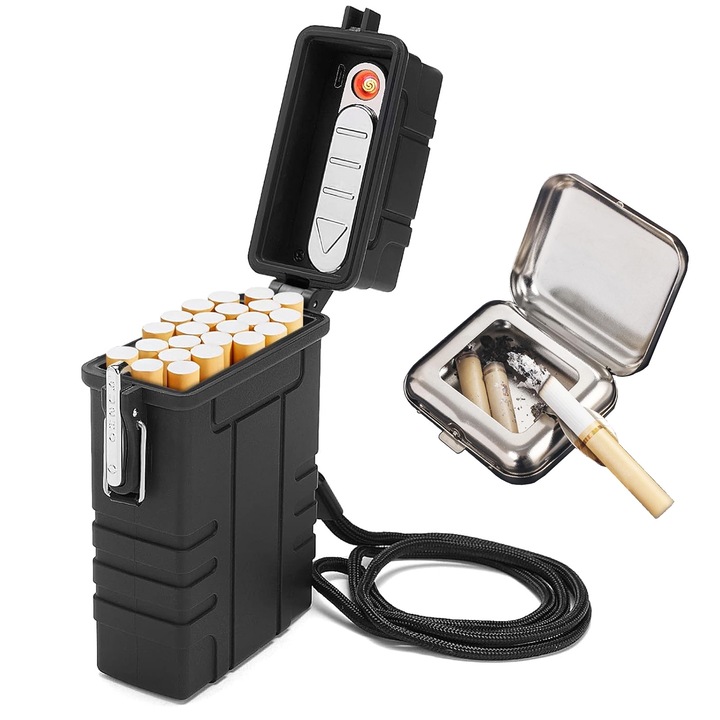 Кутия цигари с функция запалка, Axroad Mall, С мини пепелник, Ветроустойчива и водоустойчива, Голям капацитет, USB презареждаема, Пластмаса/Метал, 11.2 x 8.1 x 3.3см, Черно/Сребристо